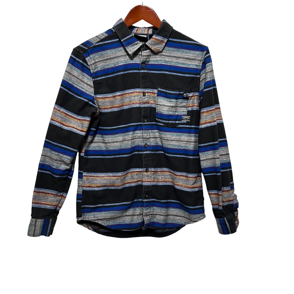 Vans Men Flannel Shirt Medium Black Blue Striped Skate Grunge Urban Streetwear‎